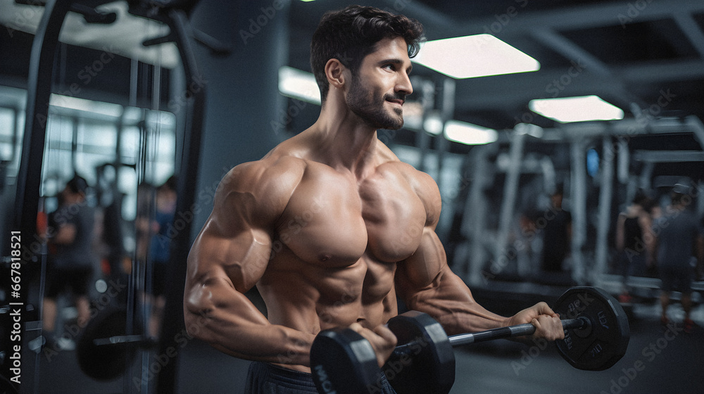 Close up of young body builder in commercial gym - Generative Ai Close up of young body builder in commercial gym - Generative Ai