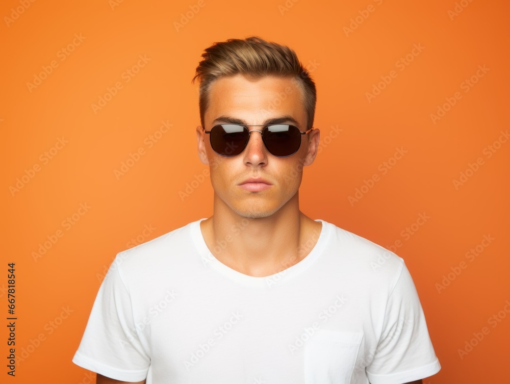 Fictional Cool Guy with Sunglasses. Isolated on a colored background. Generative AI. Fictional Cool Guy with Sunglasses. Isolated on a colored background. Generative AI.