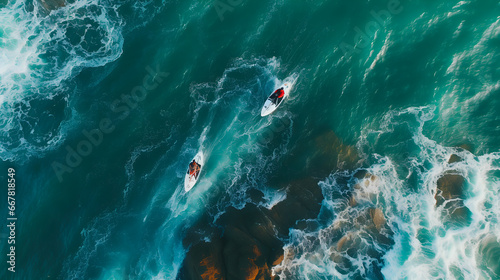 Surfers in the Ocean Birds Eye View in California - Generative Ai photo