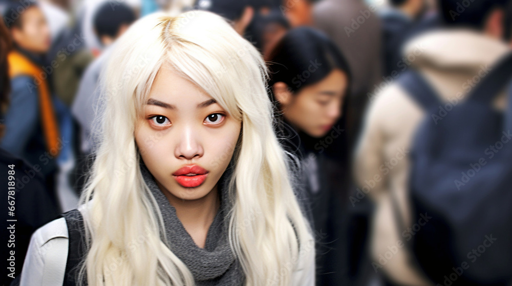 Blonde Woman in a Crowded Public Space with Intense Gaze