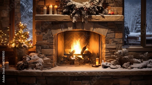 fireplace in winter with snow outside