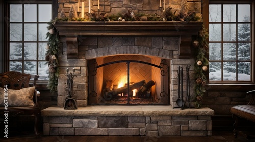 stone fireplace with burning wood, snow and trees outside window photo