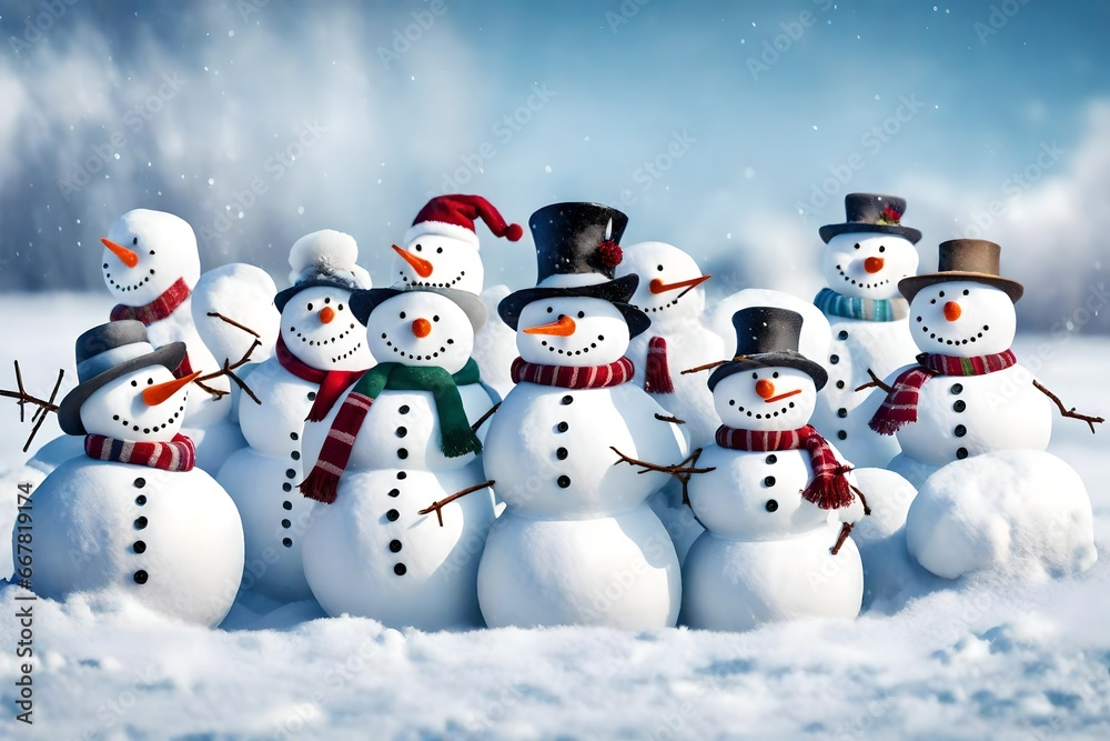 A group of cheerful snowmen gathered in a snowy field.