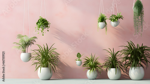 Green Plants Hanging on Pink Wall with Copy Space - Generative Ai