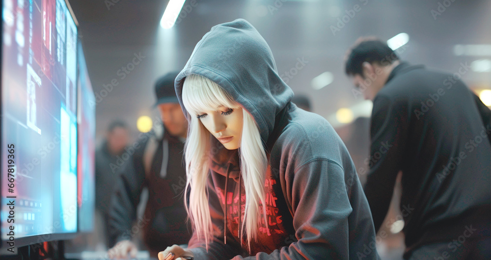 Young Woman in Grey Hoodie Engaged with Phone in Front of screen
