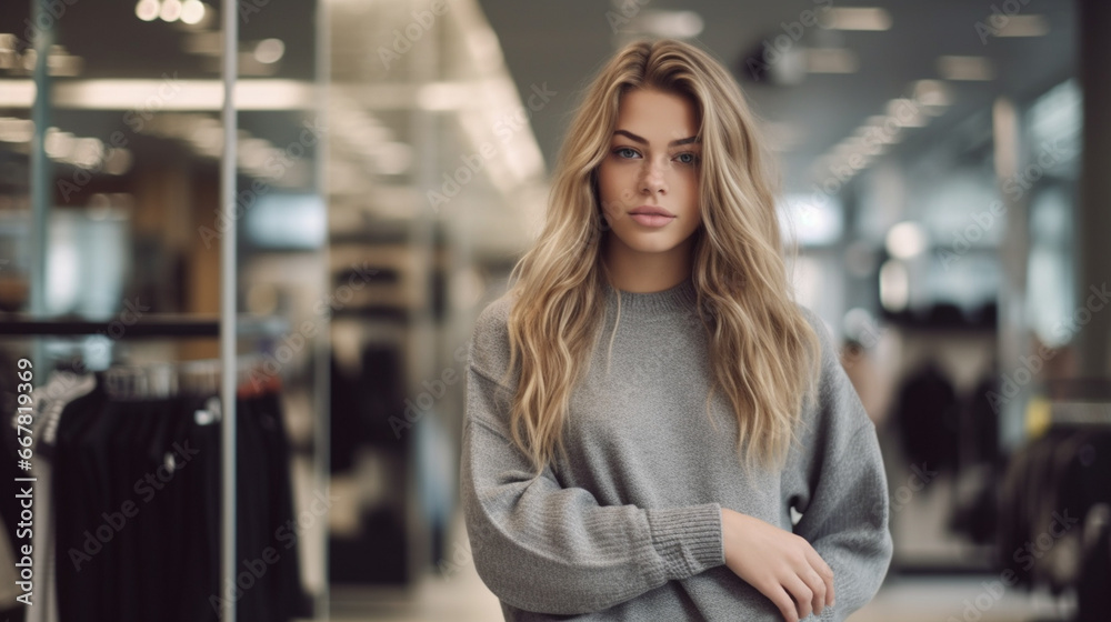 Young Woman with a Beautiful Smile in Clothing Store