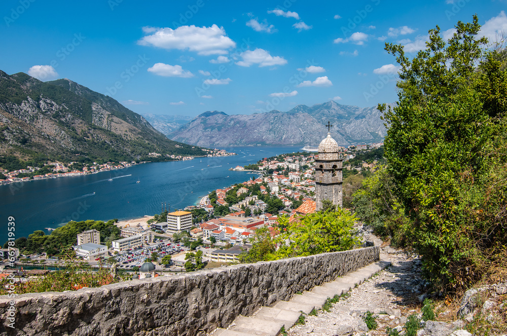 Panoramic view of Kotor bay and city from the steps of the fortress walls, Montenegro.