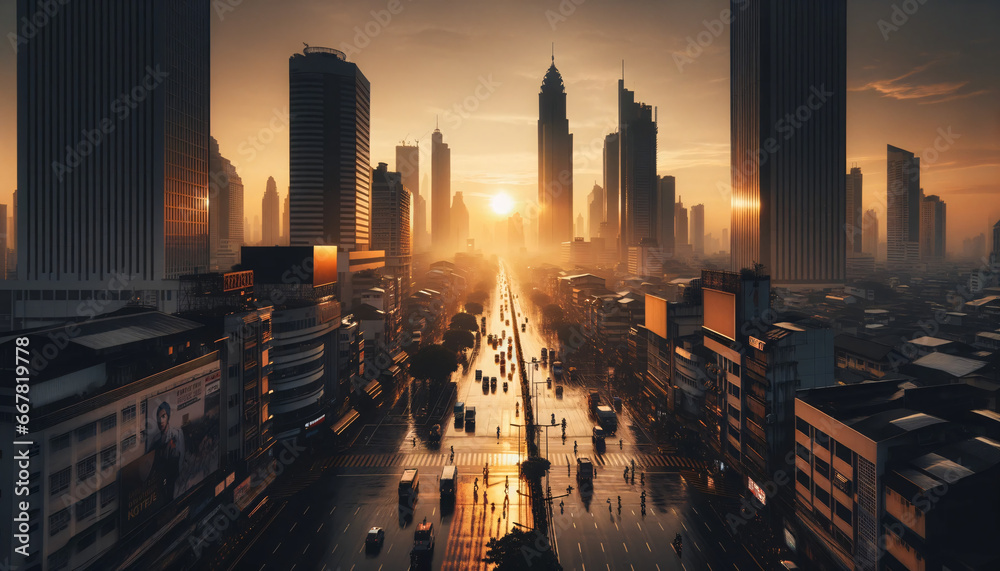A bustling city at dawn, with skyscrapers silhouetted against the emerging sun. The streets are wet from a recent rain, reflecting the golden hues of the sky. Pedestrians and vehicles move about.