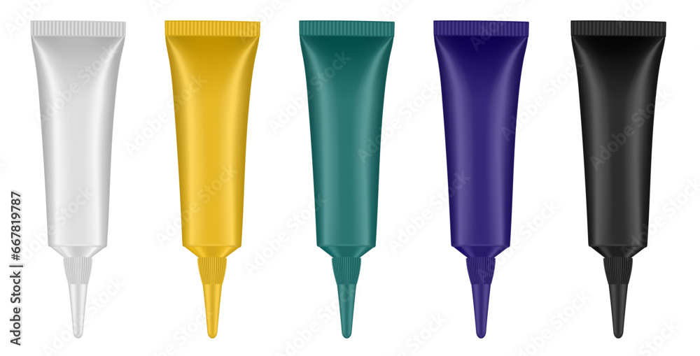 Set of tubes with long nozzle and long cap. Green, gold, white, purple and black. Cosmetic packaging. Serum or ointment. Gel or cream