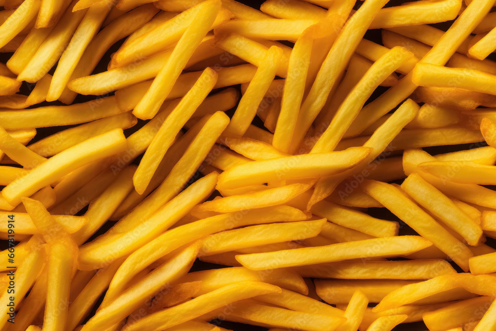 Potato chips or french fries, closeup detail. Seamless tileable background pattern. Generative AI Potato chips or french fries, closeup detail. Seamless tileable background pattern. Generative AI