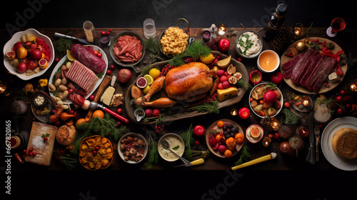 Christmas table with a lot of food