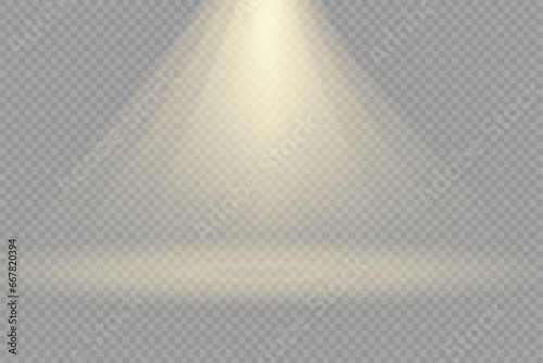 Stage light ray isolated on transparent background. Vector bright yellow glow scene spotlight effect. Shine vertical theater projector beam template for your creative design.