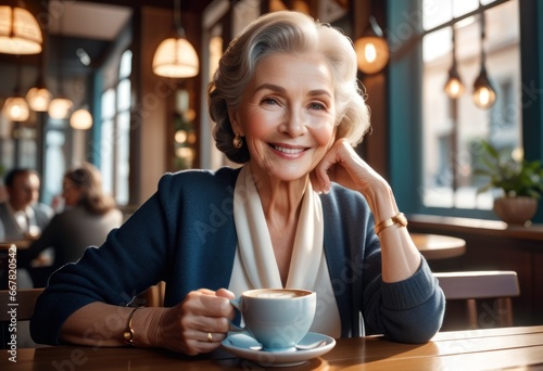 Portrait Senior white haired woman sitting at cafe table holding a coffee and milk glass, elderly lady in business jacket smiling looking at her side. Elderly good looking woman on vacation