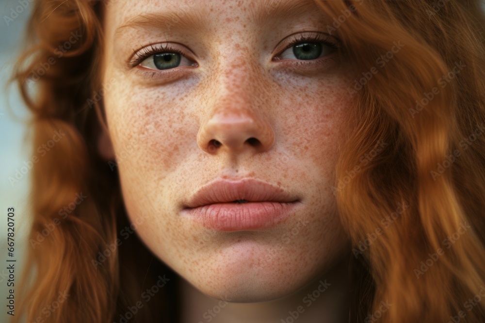 Close-up of a beautiful young girl with freckles, red hair, and green eyes. - obrazy, fototapety, plakaty 