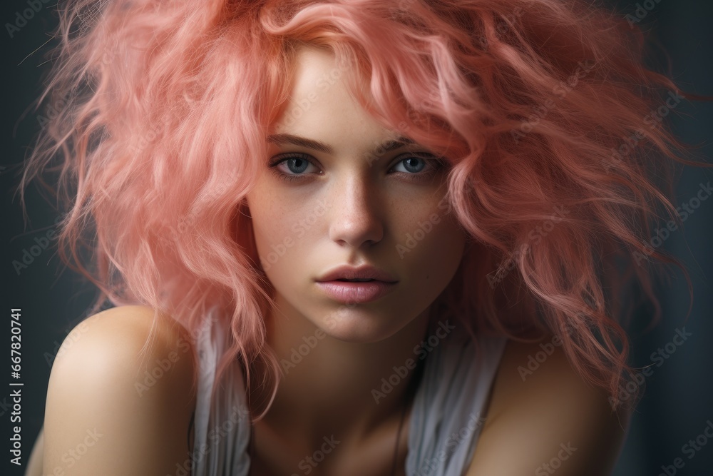 Beautiful female with pink curly hair