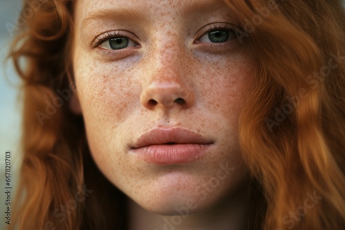 Close-up of a beautiful young girl with freckles, red hair, and green eyes.