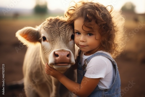 Cute little girl kisses a cute calf, photo taken with provia, use of earth tones