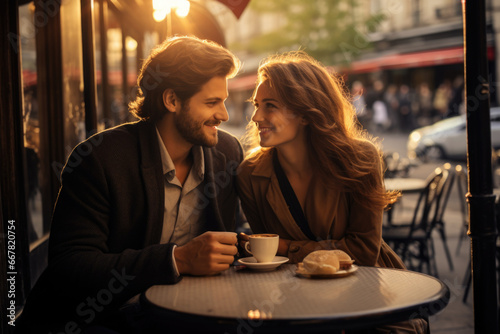 A loving couple standing together on a street in Paris, making romantic gestures, predominately red and brown colors, with a frame-like aesthetic.