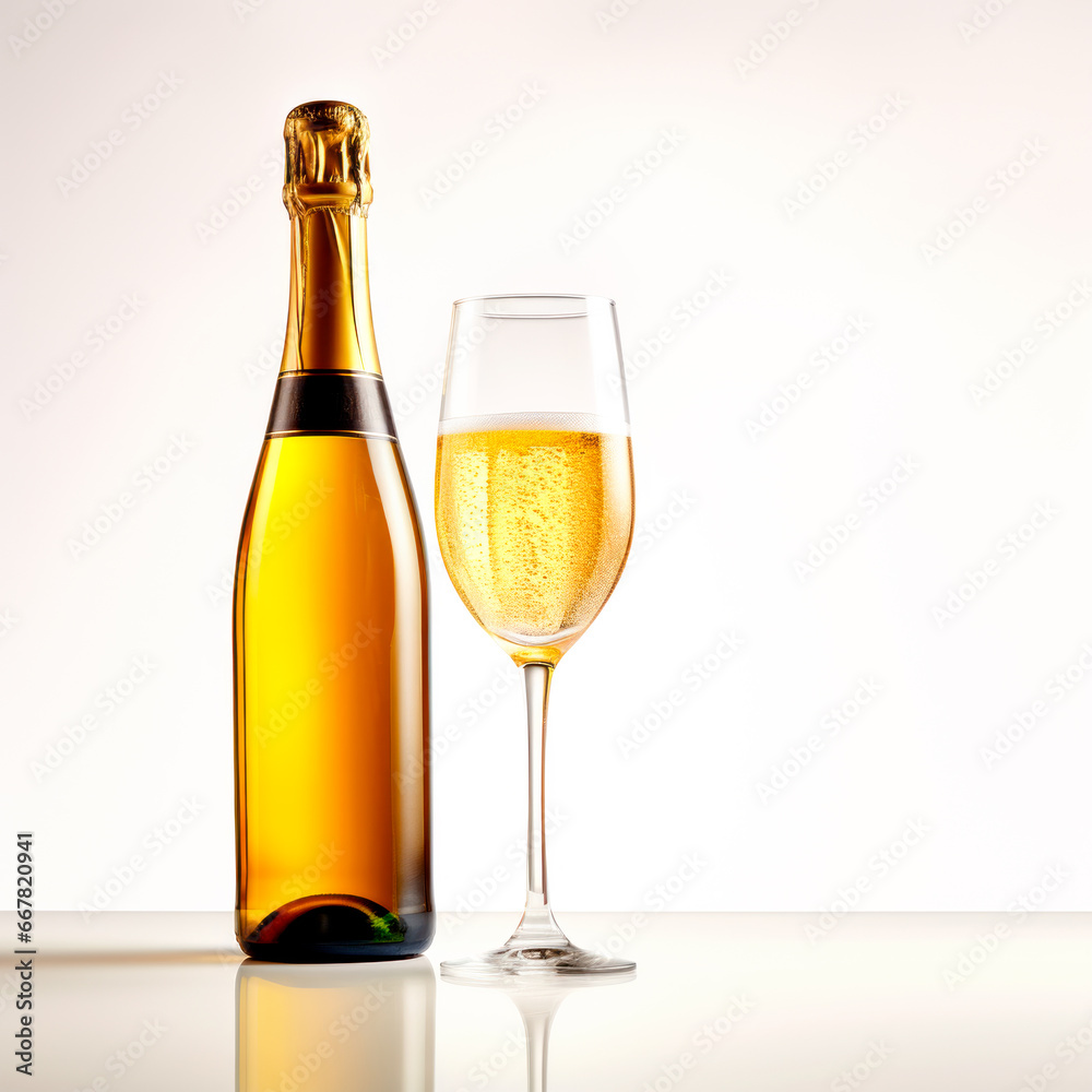 A crystal-clear flute glass of champagne and bottle isolated on white background A crystal-clear flute glass of champagne and bottle isolated on white background