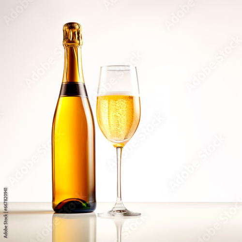 A crystal-clear flute glass of champagne and bottle isolated on white background