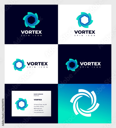 Vortex logo. Symbol consists of dynamic elements. Identity, business card.