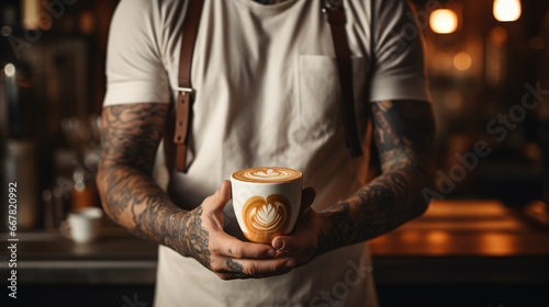 Barista man with a cup of coffee in his hands. Modern man with tattoos on his arms and street clothing in a warm environment.