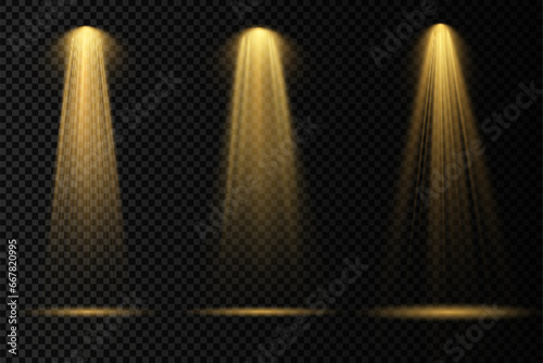 Stage light ray isolated on transparent background. Vector bright yellow glow scene spotlight effect. Shine vertical theater projector beam template for your creative design.