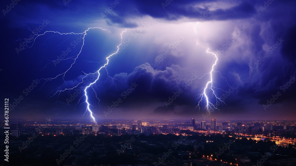 Fototapeta premium A thunderous electrical storm lit the metropolis in a mesmerizing azure glow.