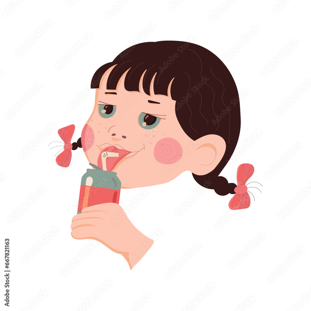 Fototapeta premium little girl drinks a drink through a straw from a jar. cheerful child. mood. vector illustration.