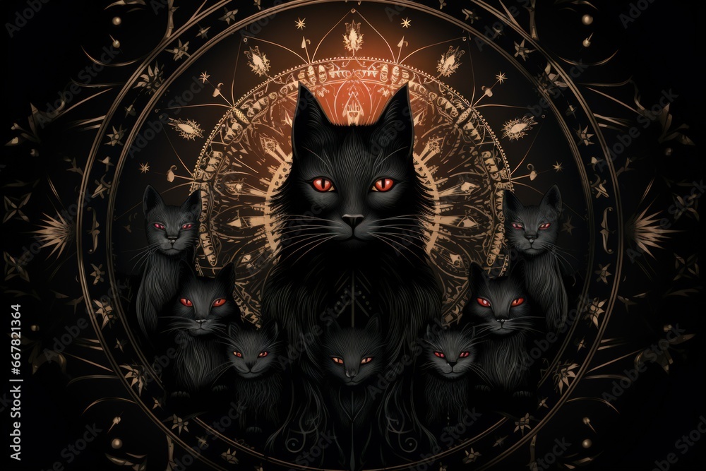 Scheming witches' familiars, such as cunning black cats - Generative AI - obrazy, fototapety, plakaty 