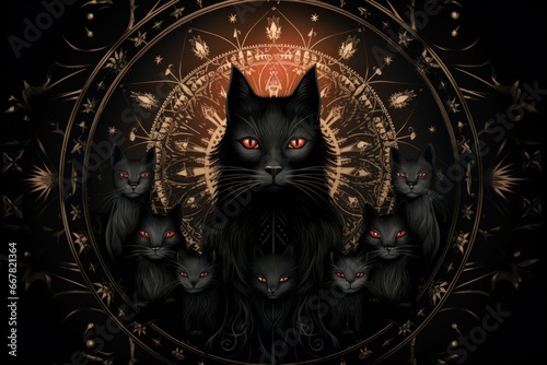 Scheming witches' familiars, such as cunning black cats - Generative AI photo