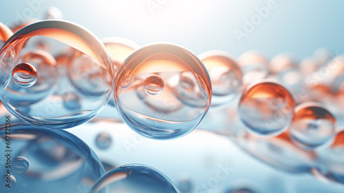 Fototapeta Naklejka Na Ścianę i Meble -  A molecular structure within a transparent liquid bubble against a soft backdrop, symbolizing skincare cosmetic innovation. (3D render).