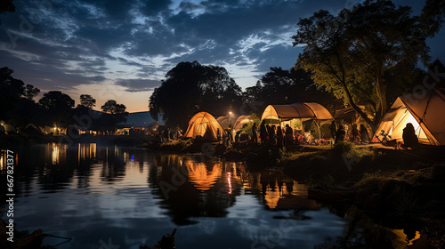 A serene evening scene of rafters setting up a campsite on a tranquil riverbank, with tents, campfires, and starry skies in the background, showing the peaceful side of rafting adv