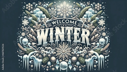 Experience the magic of winter with a whimsical illustration of a welcome sign adorned with delicate snowflakes and a flurry of snow, inviting you into a world of creative art and stunning graphics photo