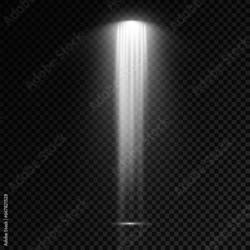 Bright white light beam. Glowing light effects isolated on checkered transparent background. Set of spotlights lighting