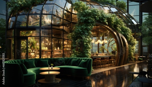 Green sofa in a restaurant with a dome above the bar in eco style with a wall of green leaves. © Artur48