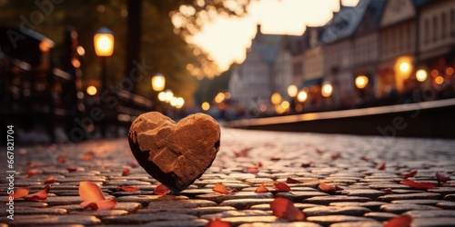 A piece of stone carved in the shape of a heart lying on a cobblestone road in a tourist town. photo