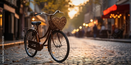 A bicycle with a heart-shaped basket parked on a cobblestone street in a local restaurant alley