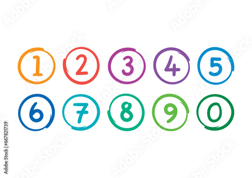 numbers 0-9 in hand drawn circles. hand drawn 0-9 numbers. colorful numbers for lesson, education, school