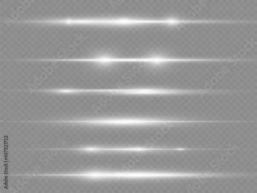 White glowing light explodes on a transparent background. Laser beams, horizontal light rays. Sun rays. Beautiful light flares. Vector illustration, EPS 10.
