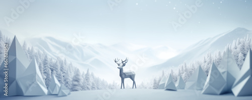 Paper cut-out Christmas landscape with deer, snowy mountains and trees. Winter banner with space for text, New Year postcard design