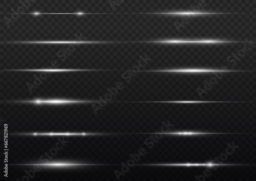 White horizontal lens flares pack. Laser beams, horizontal light rays. Beautiful light flares. White glowing light explodes on a transparent background.