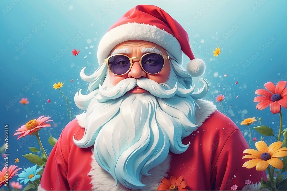 santa claus with flowers on a sunny day, santa claus illustration, christmas morning