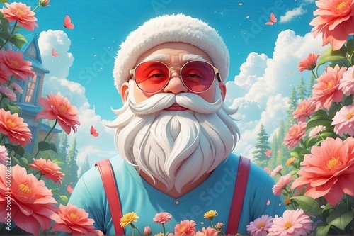 santa claus with flowers on a sunny day, santa claus illustration, christmas morning