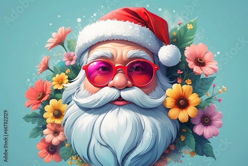 santa claus with flowers on a sunny day, santa claus illustration, christmas morning
