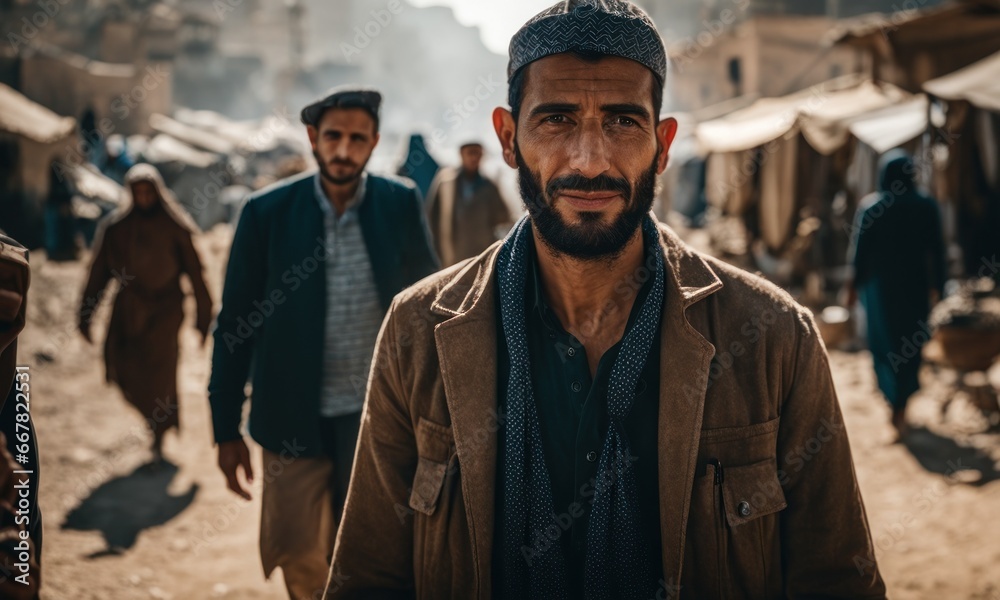 Portrait of Refugees on middle east city street, looking at camera. Homeless people in front of destroyed home buildings because of earthquake or war missile strike. Refugees, war and economy crisis