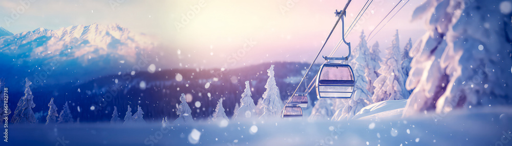Empty Cabin of ski lift over snow capped mountain and forest. Ski or skiing background. Beautiful nature landscape. Panorama view. Winter vacation, resort. Generative ai - obrazy, fototapety, plakaty 