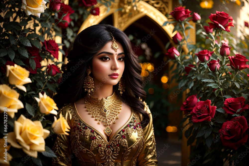 Portrait oriental woman With Bridal arabic style makeup In rose garden Portrait oriental woman With Bridal arabic style makeup In rose garden
