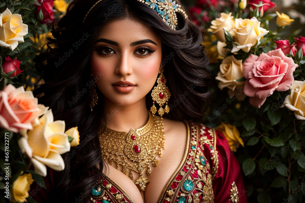 Fototapeta premium Portrait oriental woman With Bridal arabic style makeup In rose garden