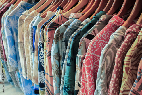 colorful shirt tropical  clothes on hangers o display in a store in coasta rica  photo